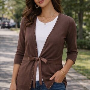 *Worthington brown cardigan sweater. Size L Rayon. Bow tie.